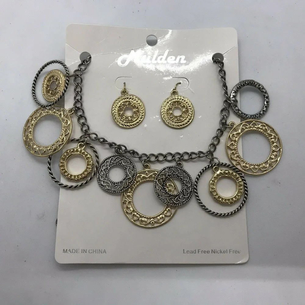 Mulden Necklace‎ Earring Set TwoTone Boho Textured Medallion Nickel Free  NEW